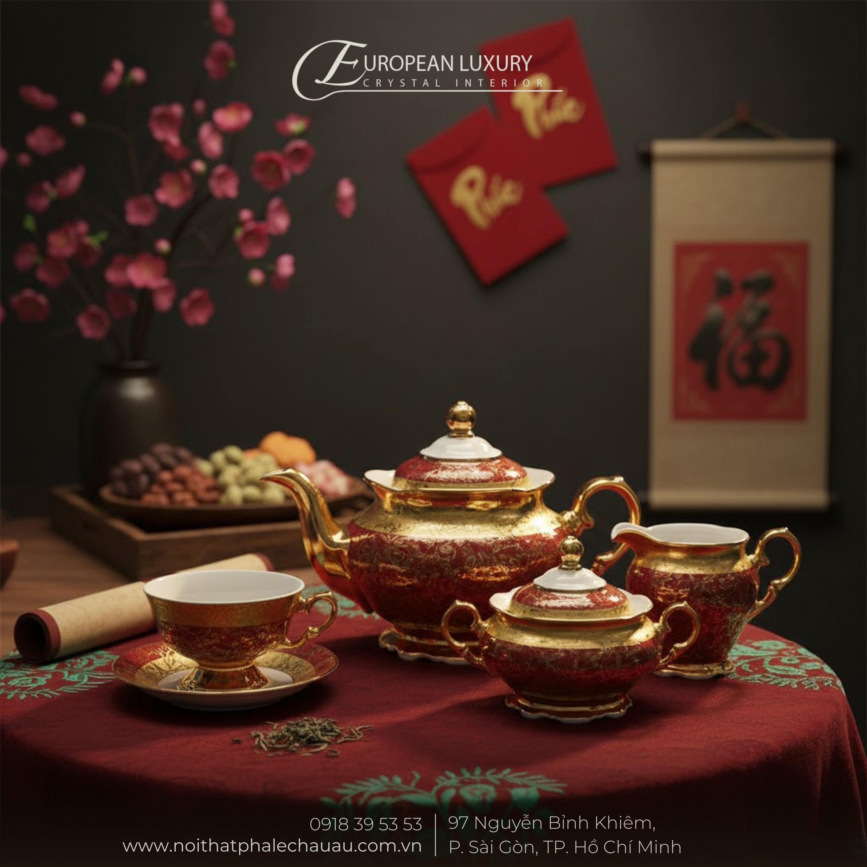 Bộ trà sứ đỏ dây vàng băng vàng 