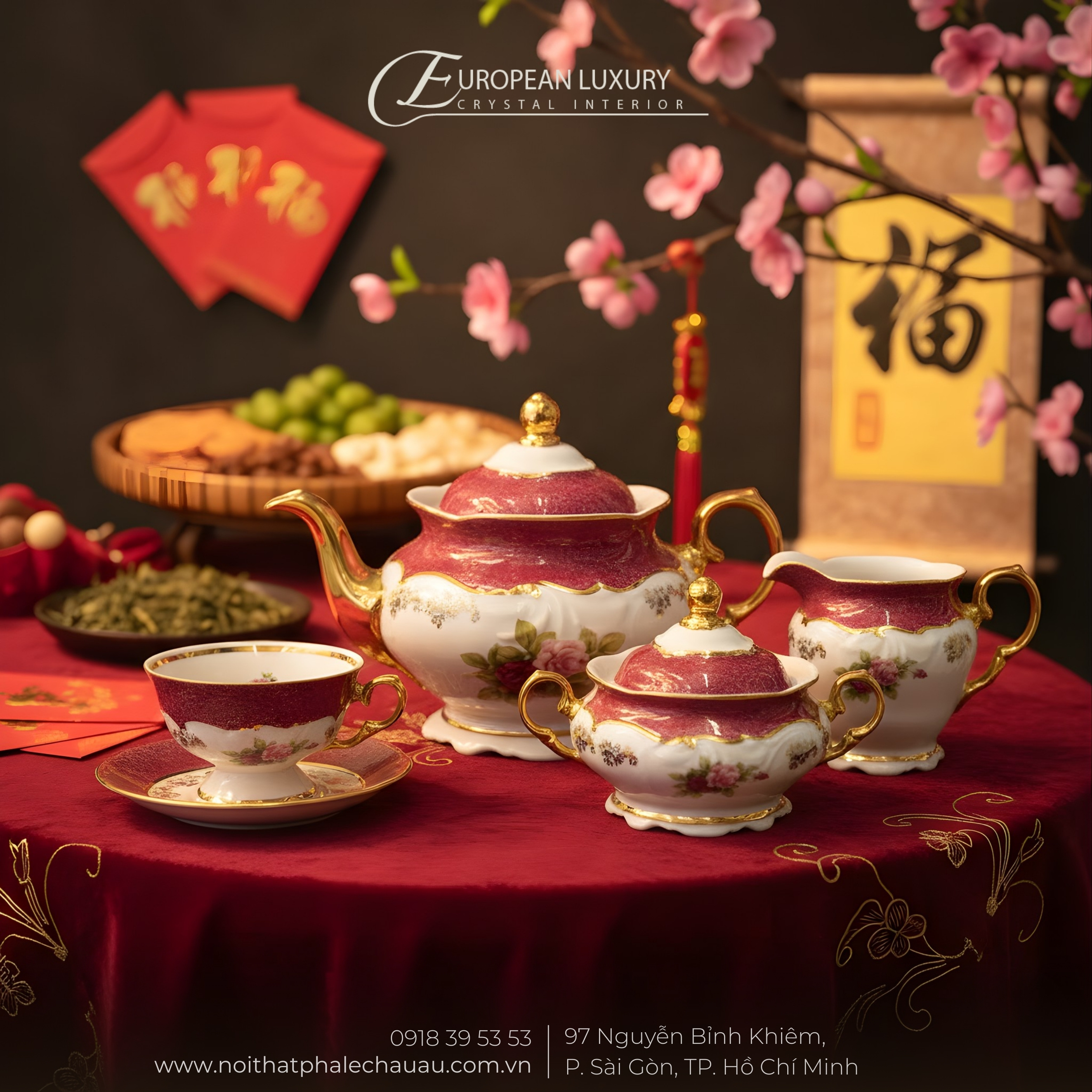 Bộ trà sứ đỏ hoa hồng 
