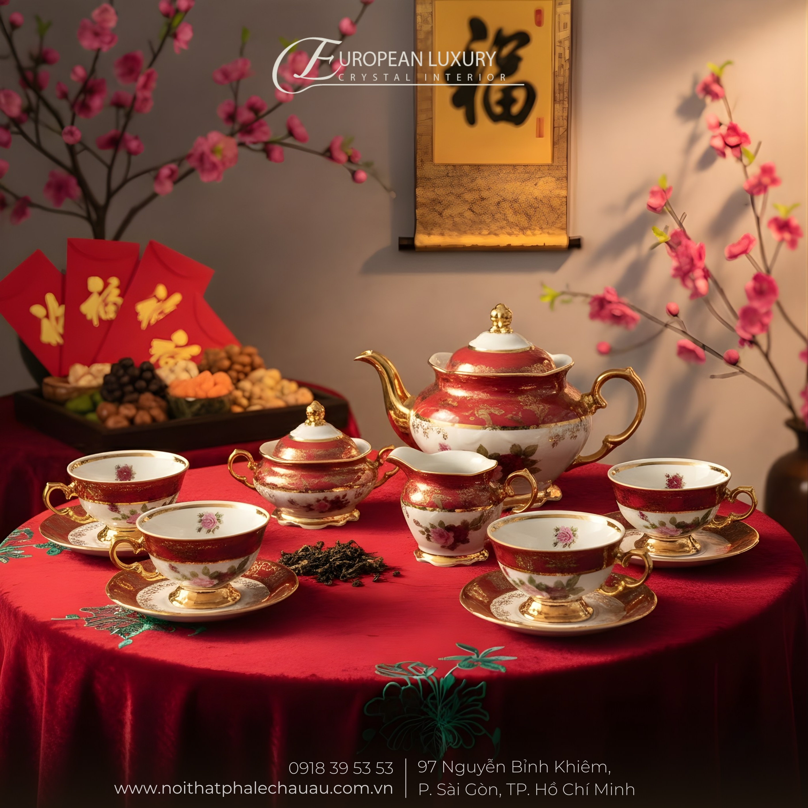 Bộ trà sứ đỏ vẽ vàng hoa hồng