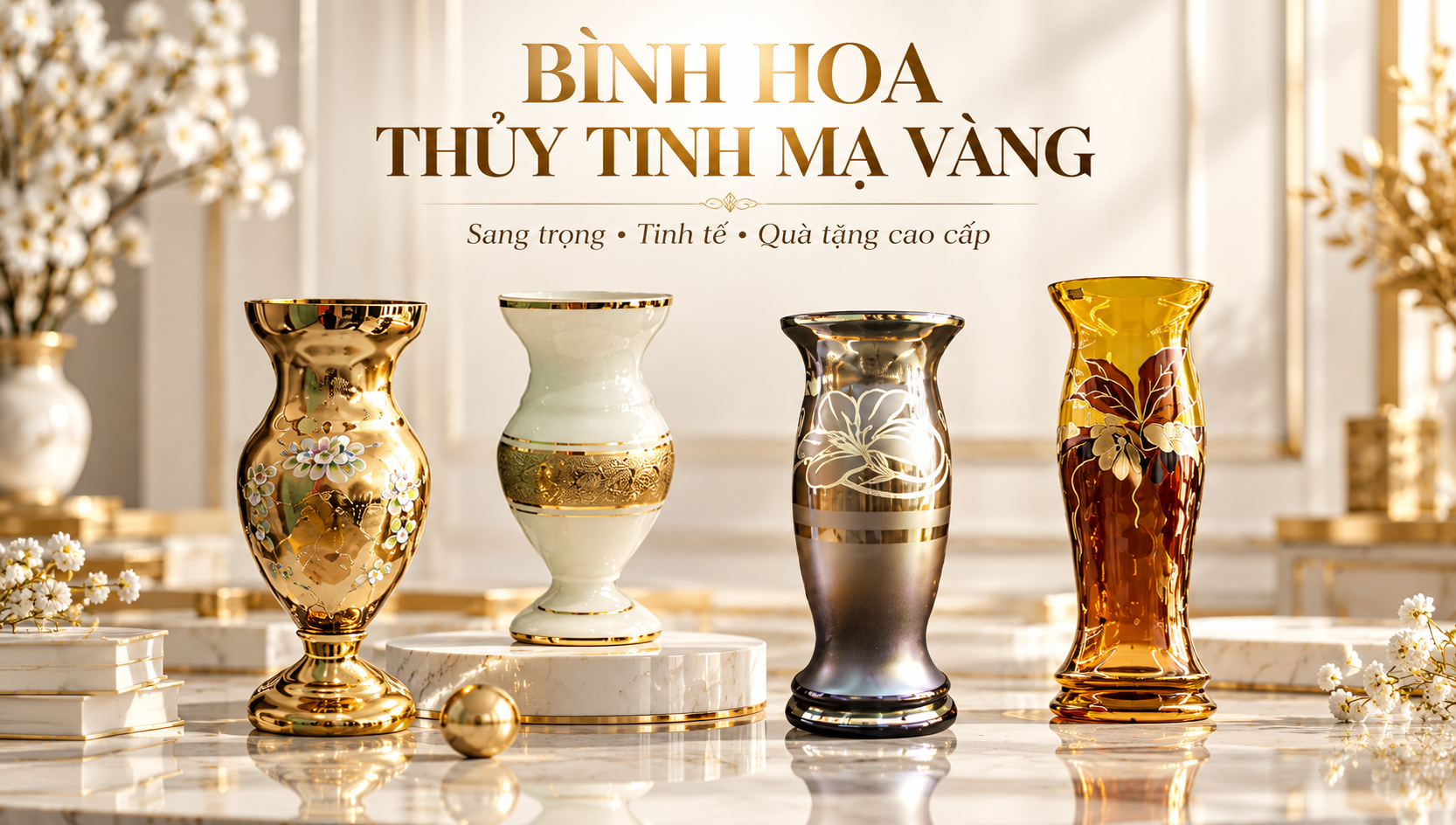 Bình hoa thủy tinh mạ vàng cao cấp kết hợp độ trong của thủy tinh với chi tiết mạ vàng tinh tế, phù hợp trang trí và tạo điểm nhấn cho không gian.