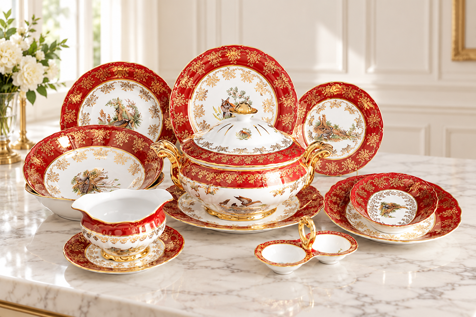 Bộ đồ ăn sứ vẽ tay với hoa văn kết hợp phong cách cổ điển và hiện đại, phù hợp dùng trong gia đình và tiếp khách.