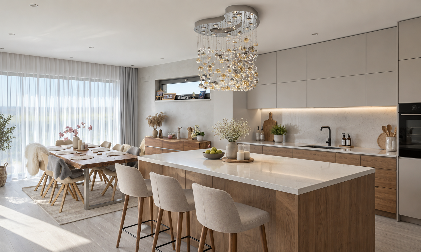 Đèn hiện đại cho phòng ăn và khu vực bếp với thiết kế tinh tế, cung cấp ánh sáng phù hợp và tạo điểm nhấn cho không gian.
