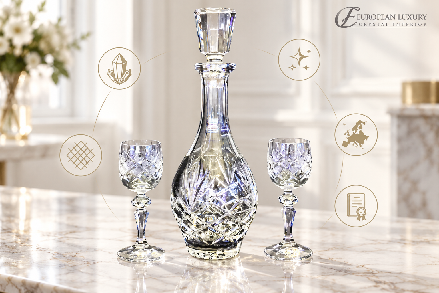 Những yếu tố quyết định giá trị của bộ bình pha lê mài cao cấp, bao gồm chất lượng pha lê, độ tinh xảo của hoa văn, kỹ thuật mài, kiểu dáng, độ hoàn thiện và giá trị thẩm mỹ.